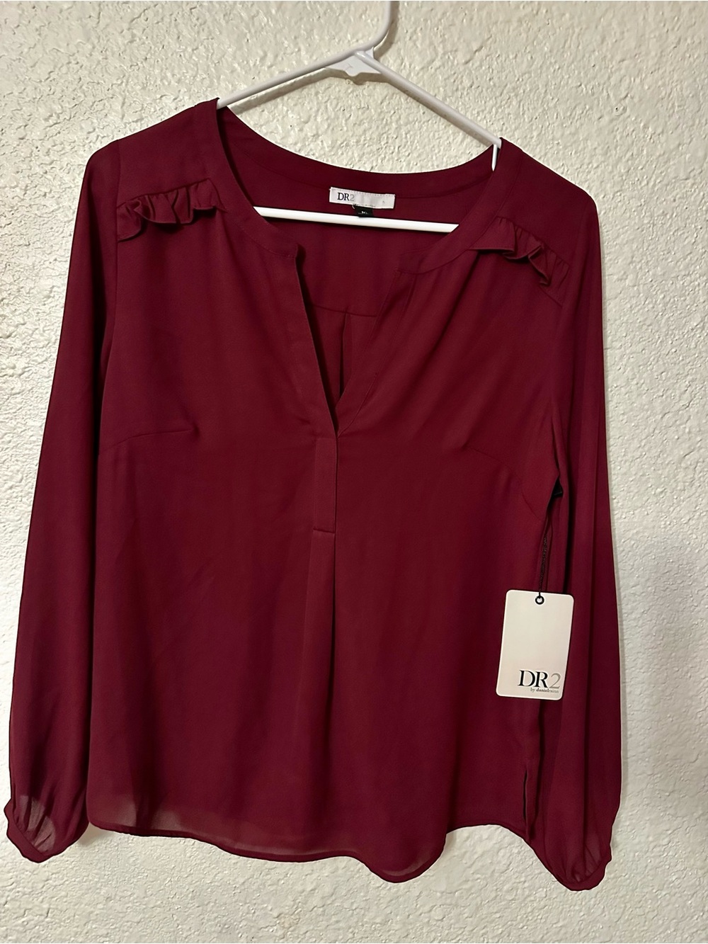 DR2 Burgundy Ruffle-Shoulder V-Neck Blouse